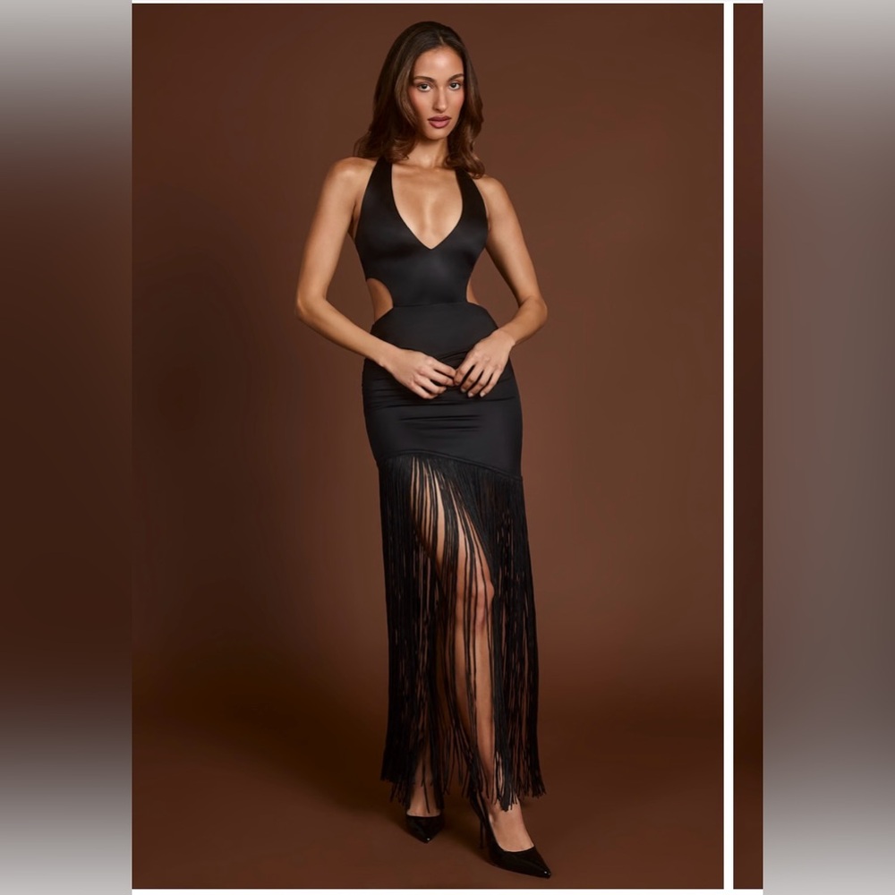 Oh Polly Solferina Fringed Plunge-Neck Maxi Dress Size 6 NWT